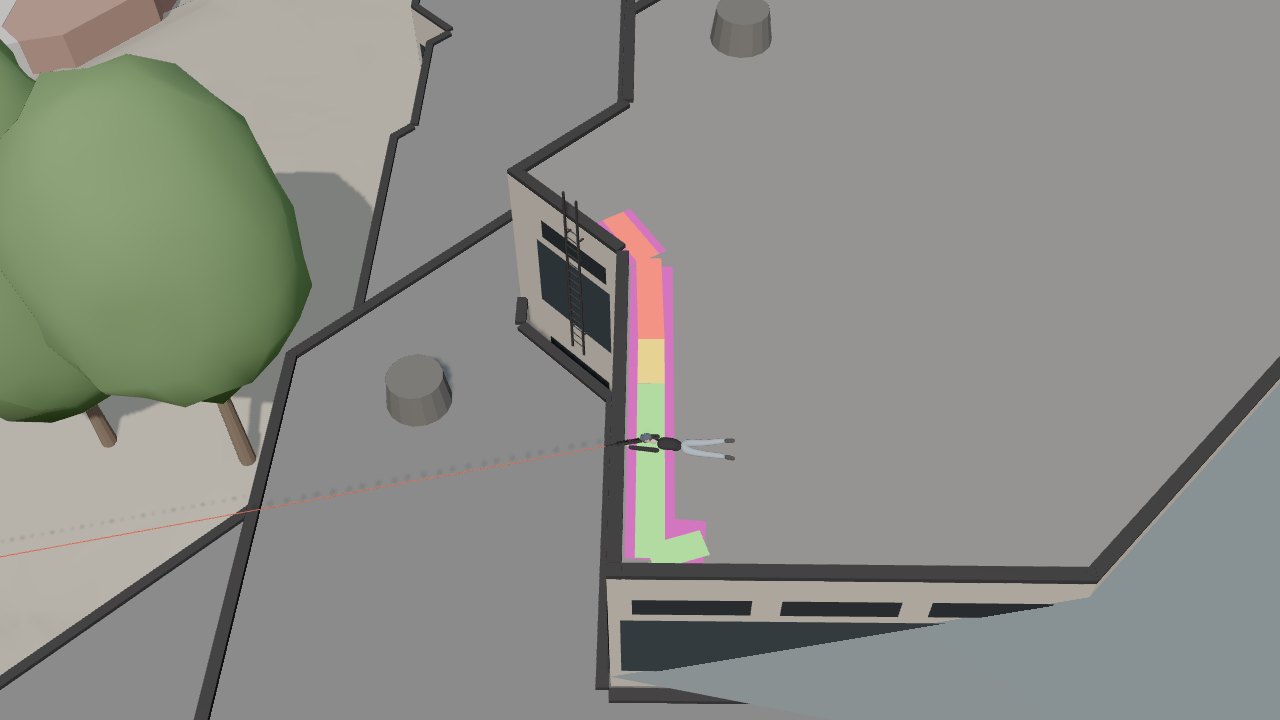 The roof corner from above. Green: clear line to Charlie. Yellow: clear only if the Sorensen addition’s glass is set back as assumed. Orange: blocked by the addition.