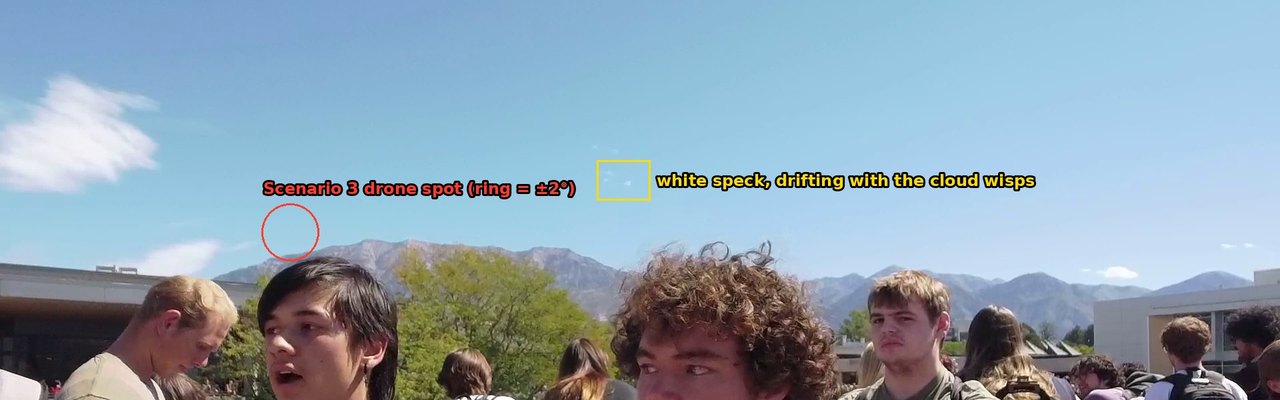 Adam Bartholomew’s camera 47 seconds before the shot. Red ring: the Scenario 3b drone position. Yellow box: the white speck.