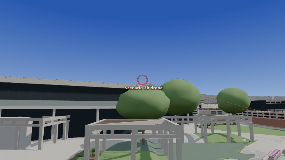 Scenario 3b from the roof deck where Adam Bartholomew stood, turned to face the drone position. The ring marks where the drone would be, just above the Losee Center roof.