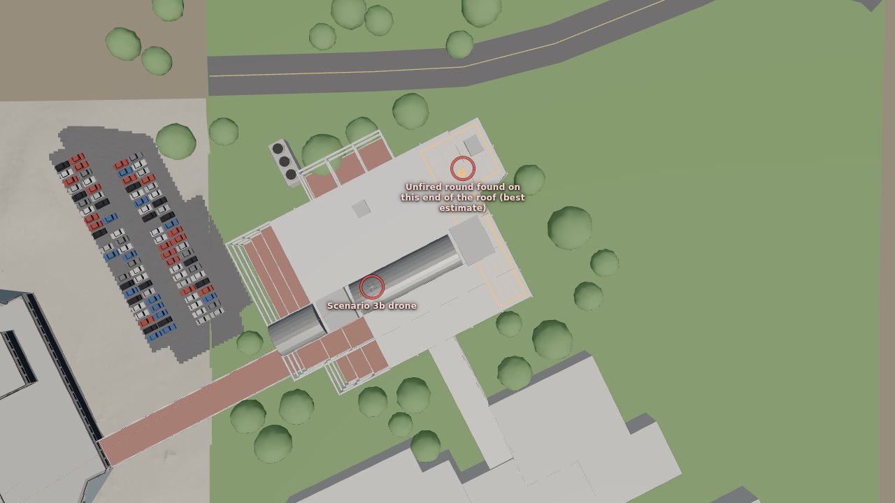 The Computer Science building from above. Left ring: the Scenario 3b drone, 16 m above the roof. Orange outline: the open roof at the east end, the area the testimony points to. Right ring: the model’s estimate within it, set in from the roof edges.