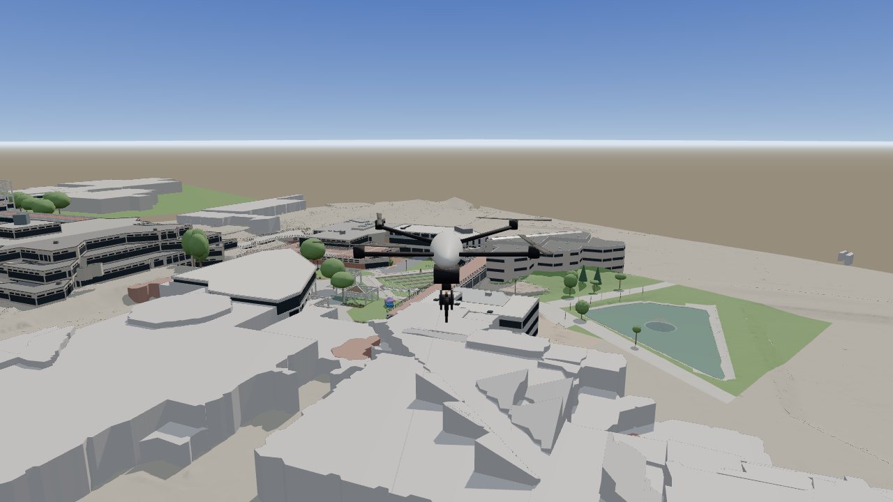 Scenario 3a: the view from over the Science Building. The line to Charlie is blocked.